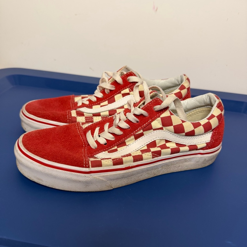Vans Old Skool Sneakers Red White Checker Women’s 8 Men’s 6.5 Skate Shoes Canvas